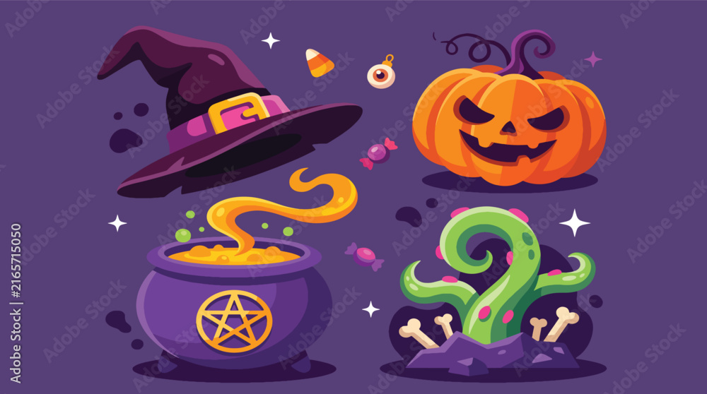 Fototapeta premium Halloween holiday set with witch hat pumpkin and cauldron.