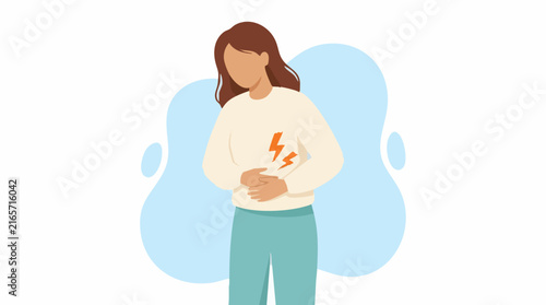 Illustration of woman suffering from severe stomach or abdominal pain