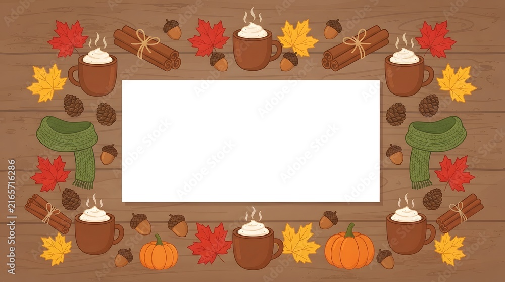 Fototapeta premium A festive thanksgiving banner featuring a rustic wooden background decorated with colorful autumn leaves pumpkins and hot cocoa mugs for your seasonal holiday celebration design