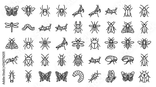 Minimalist insect line icons, set of 45 bug vector illustrations. Black outline insects and garden pests for educational infographics.