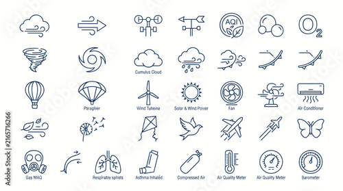 Air quality and wind weather icons set, 35 thin line vector symbols, meteorology and respiratory health graphics for apps