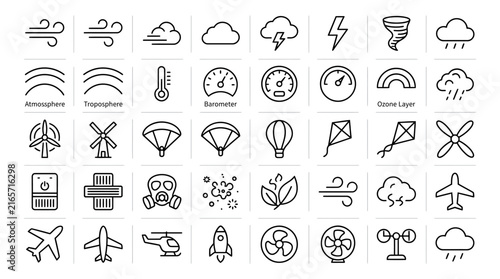 Minimalist weather and atmosphere icons set, 40 thin line vector symbols for meteorology, climate and wind energy concepts