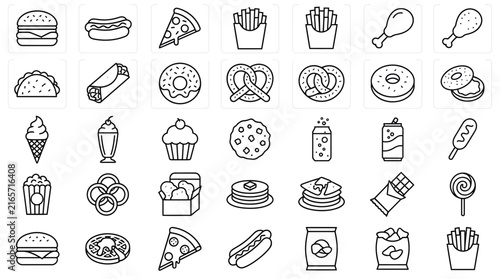 Fast food line icons set, 35 junk food vector symbols. Minimalist restaurant menu graphics. Black and white snack illustrations.