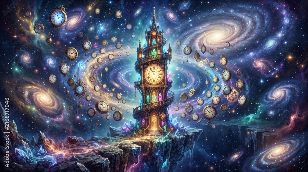 Fototapeta premium Surreal clock tower with floating clocks in a vibrant cosmic galaxy space background.