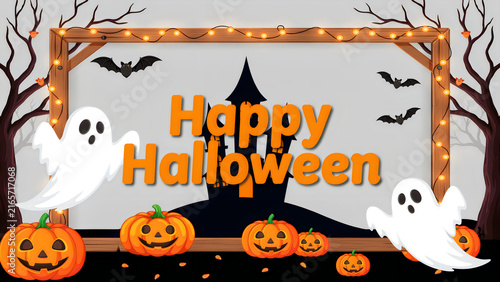 Halloween party banner with pumpkins, bats, and ghosts on spooky autumn night backdrop