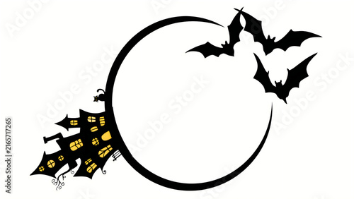 Stylized black Halloween bat silhouette flying around full moon on white background