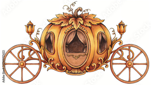 Vintage golden Halloween pumpkin carriage illustration with ornate autumn decorations and wheels