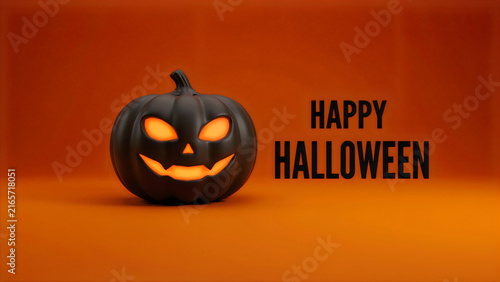 Halloween jack-o-lantern with glowing face on orange background for festive celebration