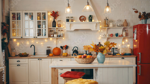 Halloween-themed cozy kitchen decorated with pumpkins, autumn decor, and festive lights for seasonal celebration