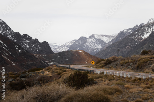 Snow-covered mountains in the Aconcagua provincial park in Mendoza, Argentina.
