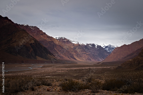 Snow-covered mountains in the Aconcagua provincial park in Mendoza, Argentina.