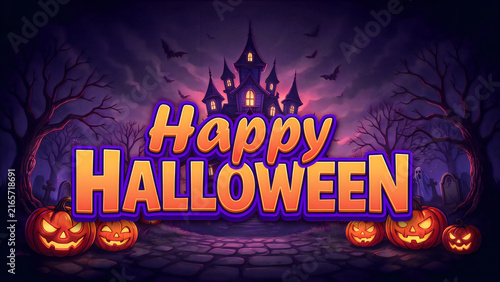 Halloween celebration banner with glowing jack-o-lanterns and spooky trees for festive party decor