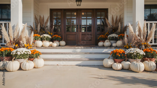 Halloween front porch decorated with pumpkins, mums, and lanterns for festive fall celebration