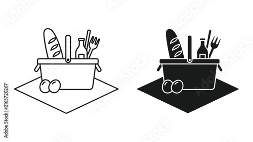 Picnic basket with food items vector illustration in outline and solid icon format