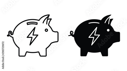 Piggy bank with lightning bolt energy icon set isolated on transparent background