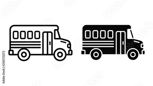 School bus transport vector icon set in outline and solid black graphic style