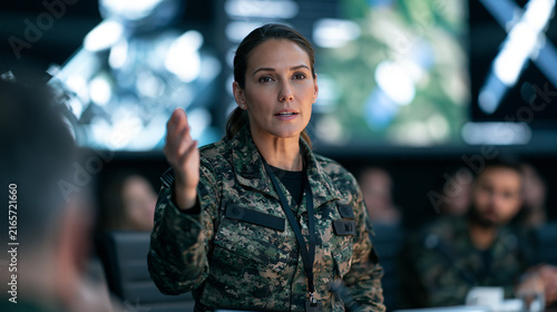 Plakat w ramie global arms race concept, a female military analyst from a fictional nation leading a briefing with weapons production charts and satellite images displayed behind her, tense strat