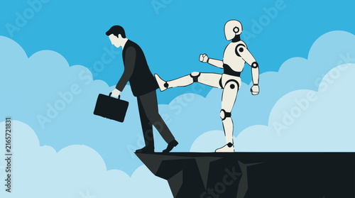 Robot Kicking Businessman Off Cliff, Concept of AI Job Displacement