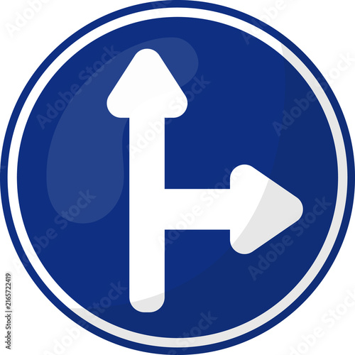 Straight or turn right traffic sign in flat design