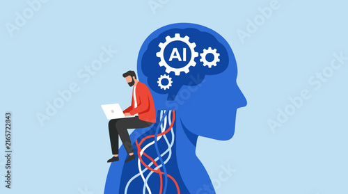 Man working on laptop connected to a conceptual AI brain system