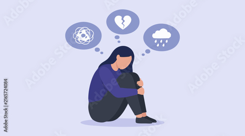 Fotografie Illustration of a sad woman sitting with thought bubbles indicating mental distr