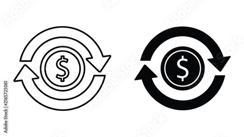 Money currency exchange cycle icon set with dollar sign in outline and solid vector
