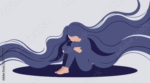 Canvas Print Depressed woman hugging knees, feeling lonely and overwhelmed with long flowing