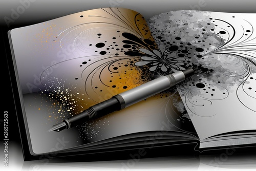AI-generated illustration of an artist's sketchbook and ink pen, in black, white, gray and orange