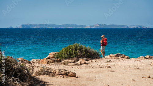 Fotografie female hiker with backpack in front Maritime-Terrestrial National Park of Cabrer