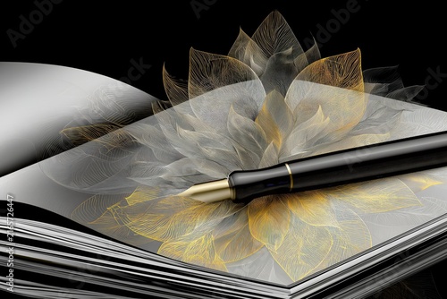 AI-generated illustration of an artist's sketchbook and ink pen, in black, white, gray and orange