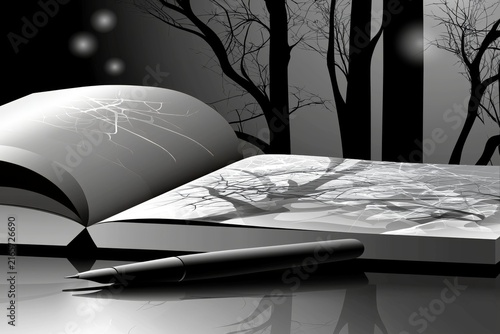 AI-generated illustration of an artist's sketchbook and ink pen, in black, white and gray