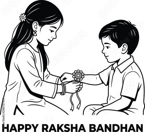 Happy Raksha Bandhan black and white line art illustration of sister tying rakhi on brother's wrist