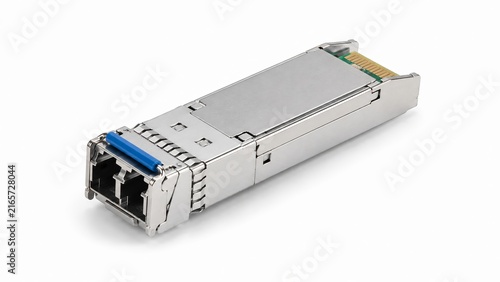 SFP Optical Transceiver Module for Fiber Optic Network Isolated on White Background