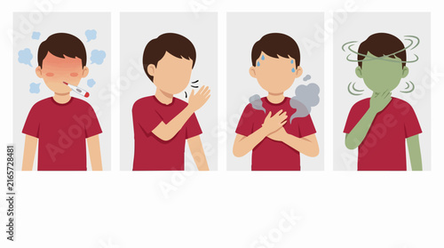 Vector illustrations of common illness symptoms: fever, cough, shortness of breath, dizziness