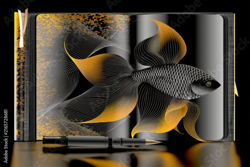 AI-generated illustration of an artist's sketchbook and ink pen, in black, white, gray and orange