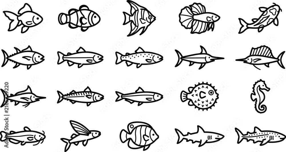 Obraz premium Fish marine animals vector line icons collection isolated