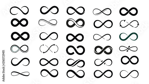 Collection of Infinity Symbols: A diverse arrangement of elegant infinity symbols presented in various styles and forms, illustrating the concept of endlessness and eternal continuation.