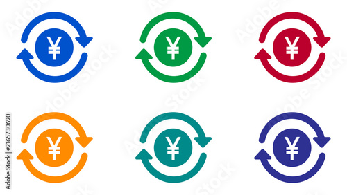 Yen Currency Exchange Icon Set with Circular Arrows in Six Colors