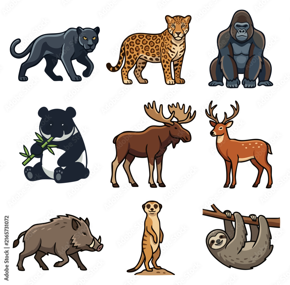 Naklejka premium Collection of diverse wild mammal illustrations flat design style