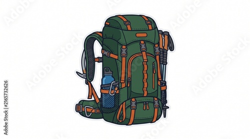 Hiking Backpack Illustration Art. Outdoor Trekking Bag Drawing with Tent. Adventure Equipment Set. Forest Excursion Gear Vector for Travel