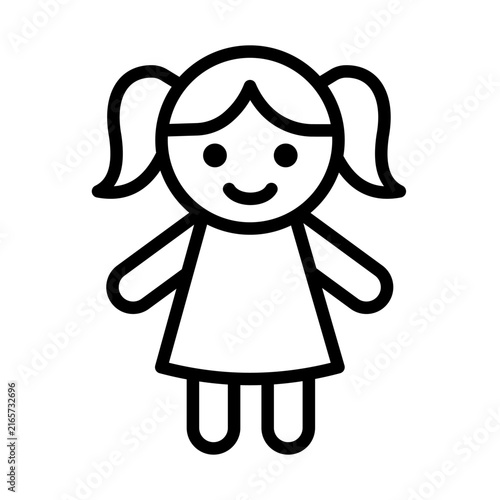 Minimalist black and white line icon of a smiling young girl with pigtails wearing a dress