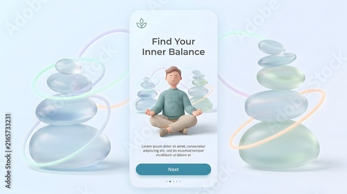 3D Man Meditating in Lotus Pose Mobile App Interface Find Your Inner Balance Concept