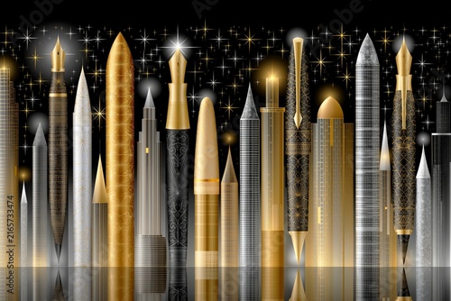 AI-generated illustration of decorated fountain pens as part of a nighttime city skyline, in gold, silver and black