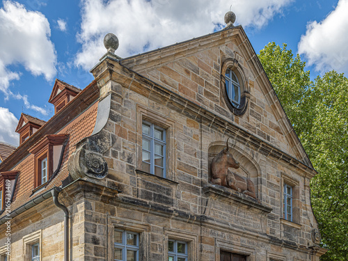 The historic Altes Schlachthaus (Old Slaughterhouse) in Bamberg, Germany, on the banks of the Regnitz River. It operated as a slaughterhouse and meat hall between 1742 and 1903.