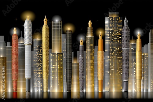 AI-generated illustration of decorated fountain pens as part of a nighttime city skyline, in gold, silver and black