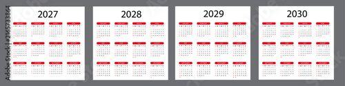 English calendar 2027, 2028, 2029, 2030 set | Simple yearly planner vector illustration for print | Red shape and black colour calendar collection