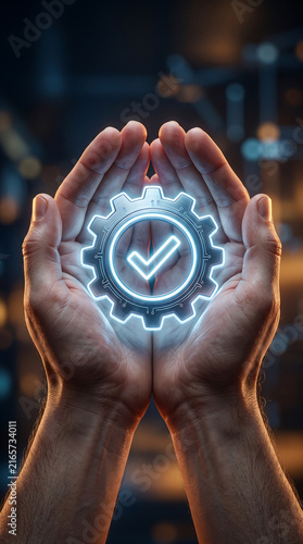 Hands holding a glowing digital gear icon with a checkmark symbol representing efficiency and quality management
