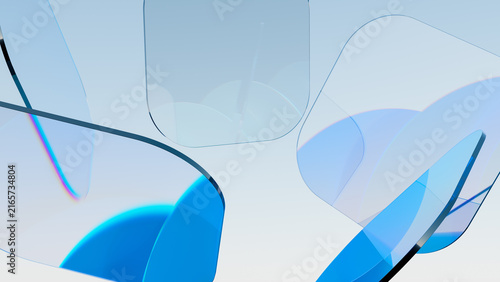 Abstract Transparent Glass Panels with Curved Edges, Blue Gradient 3D Render Background, Minimalist Futuristic Technology Design, Light Refraction and Reflection, Clean Corporate Copy Space
