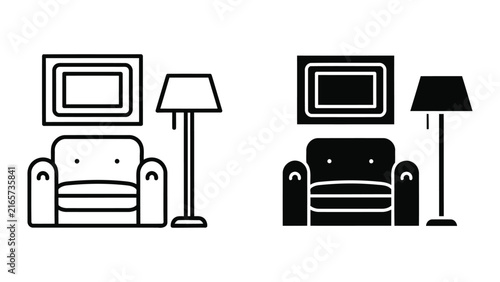 Living room interior furniture vector icon set isolated on transparent background