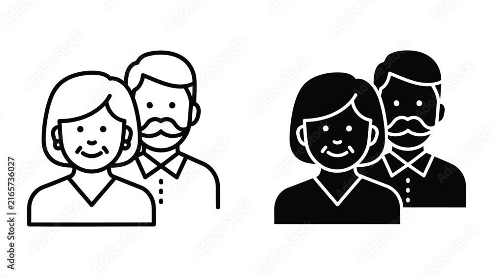 Fototapeta premium Elderly couple portrait icon set in both solid and outlined vector graphic design style